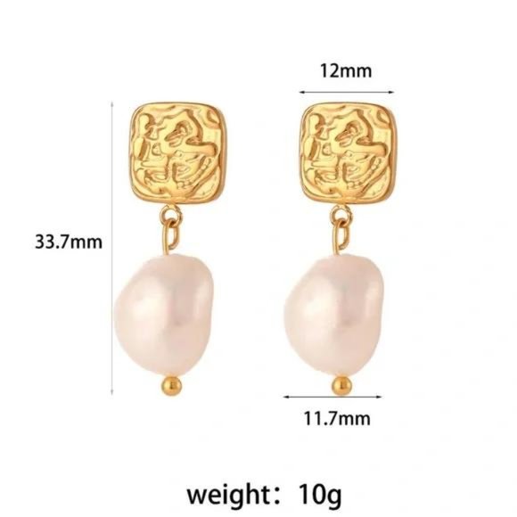 Gold Square Stud Fresh Water Pearl Drop Earrings, NICE EARRINGS, CUTE EARRINGS - Picture 7 of 7